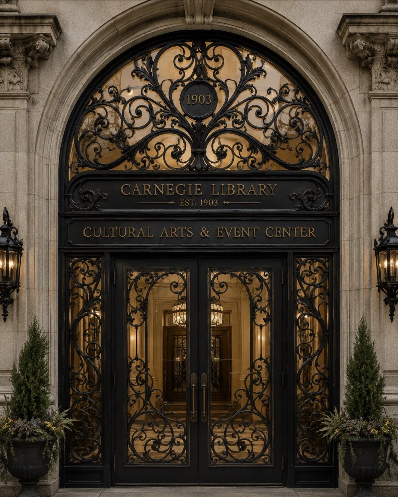 The entrance to Carnegie Library and Cultural Arts & Event Center, built in 1903, featuring ornate black wrought iron gates and archway with decorative scrollwork, flanked by two lantern-style wall sconces and potted plants.
