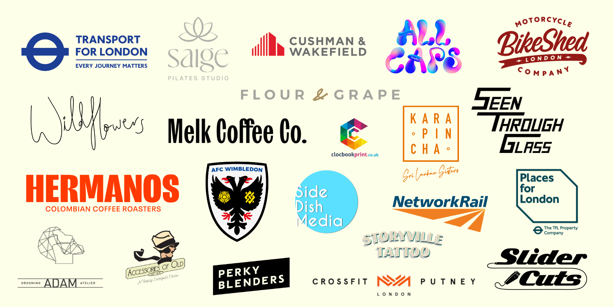 A collage of multiple various company and organization logos on a light background, including coffee brands, transportation services, sports teams, and creative agencies.