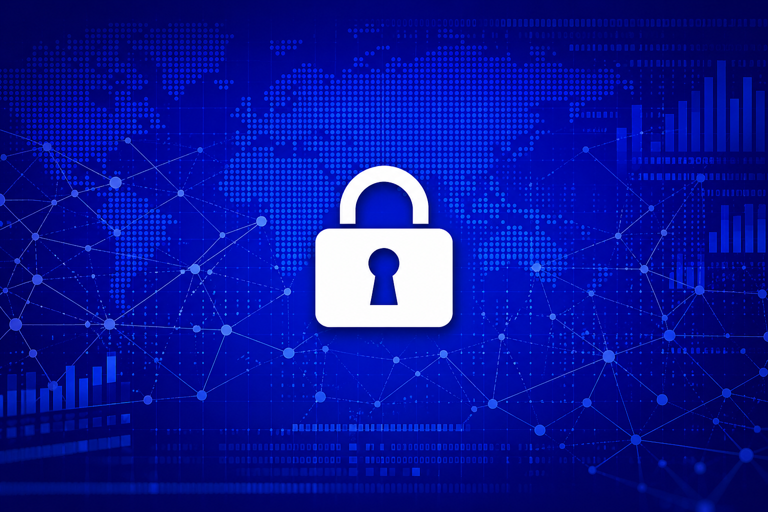 Digital illustration of a lock symbol representing cybersecurity or data security with a futuristic digital network background.
