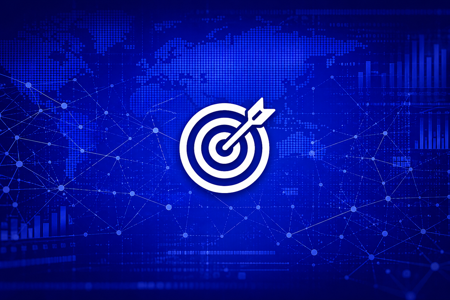 A digital illustration of a target with an arrow hitting the bullseye, overlaid on a background of interconnected data points and graphs.