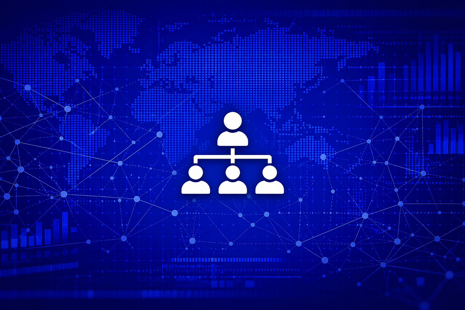 Digital illustration of an organizational chart with one person at the top connected to three people below, set against a dark background with digital data and world map graphics.