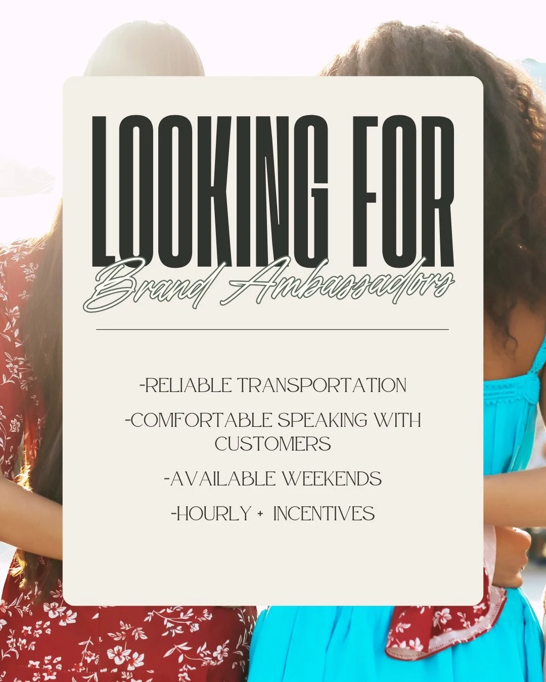 We&rsquo;re looking for Brand Ambassadors to represent our client in a fun, customer-facing environment!⁠
⁠
If you&rsquo;re confident talking with people, have reliable transportation, and are available on weekends &mdash; we want to hear from you.⁠
