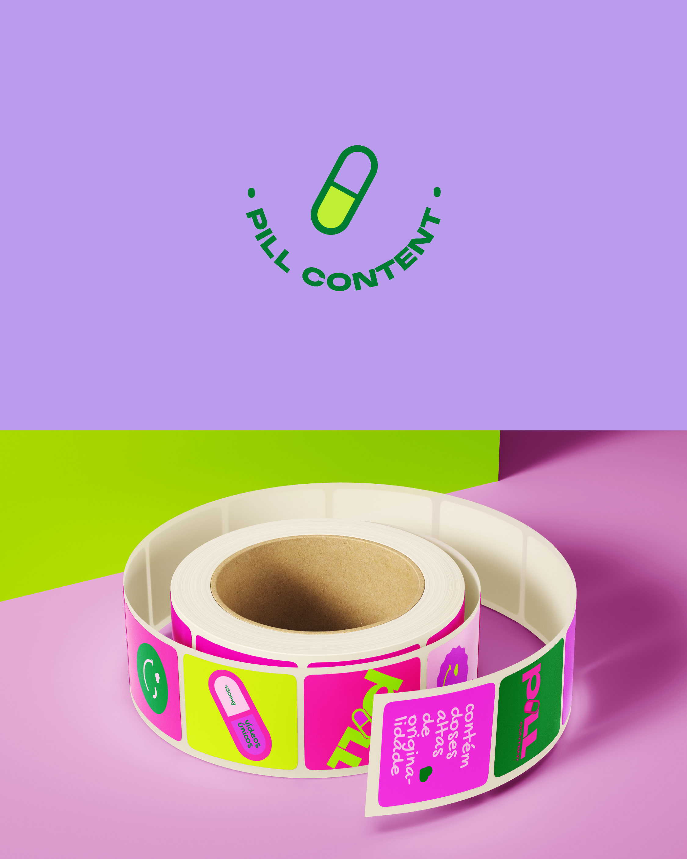 Mockup da identidade visual Pill Content com cores vibrantes