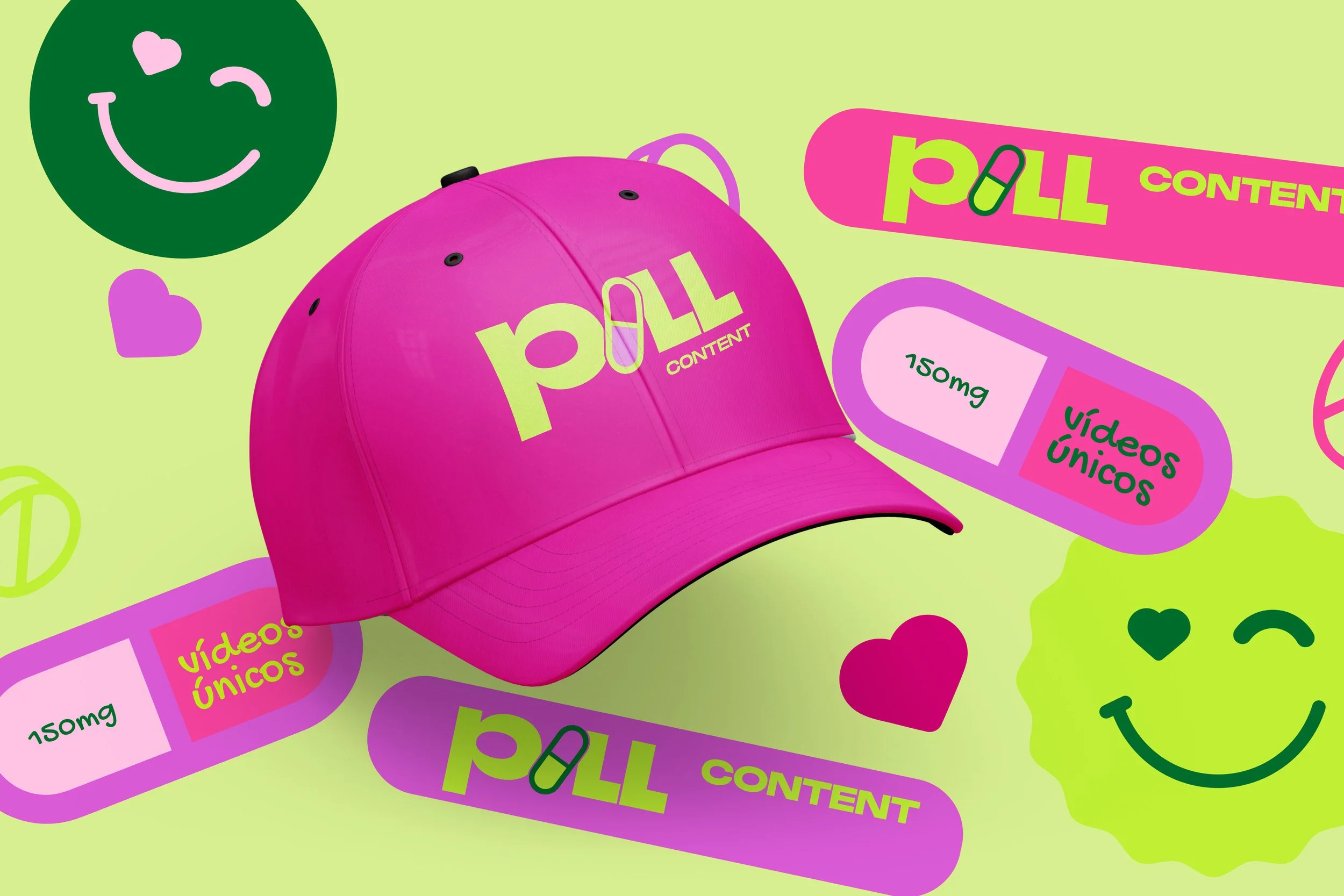 Mockup da identidade visual Pill Content com cores vibrantes