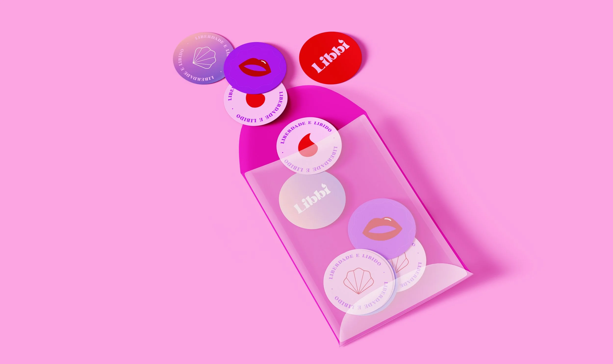 mockup de adesivos da libbi, com elementos de foguinho, boquinha, concha e o logo