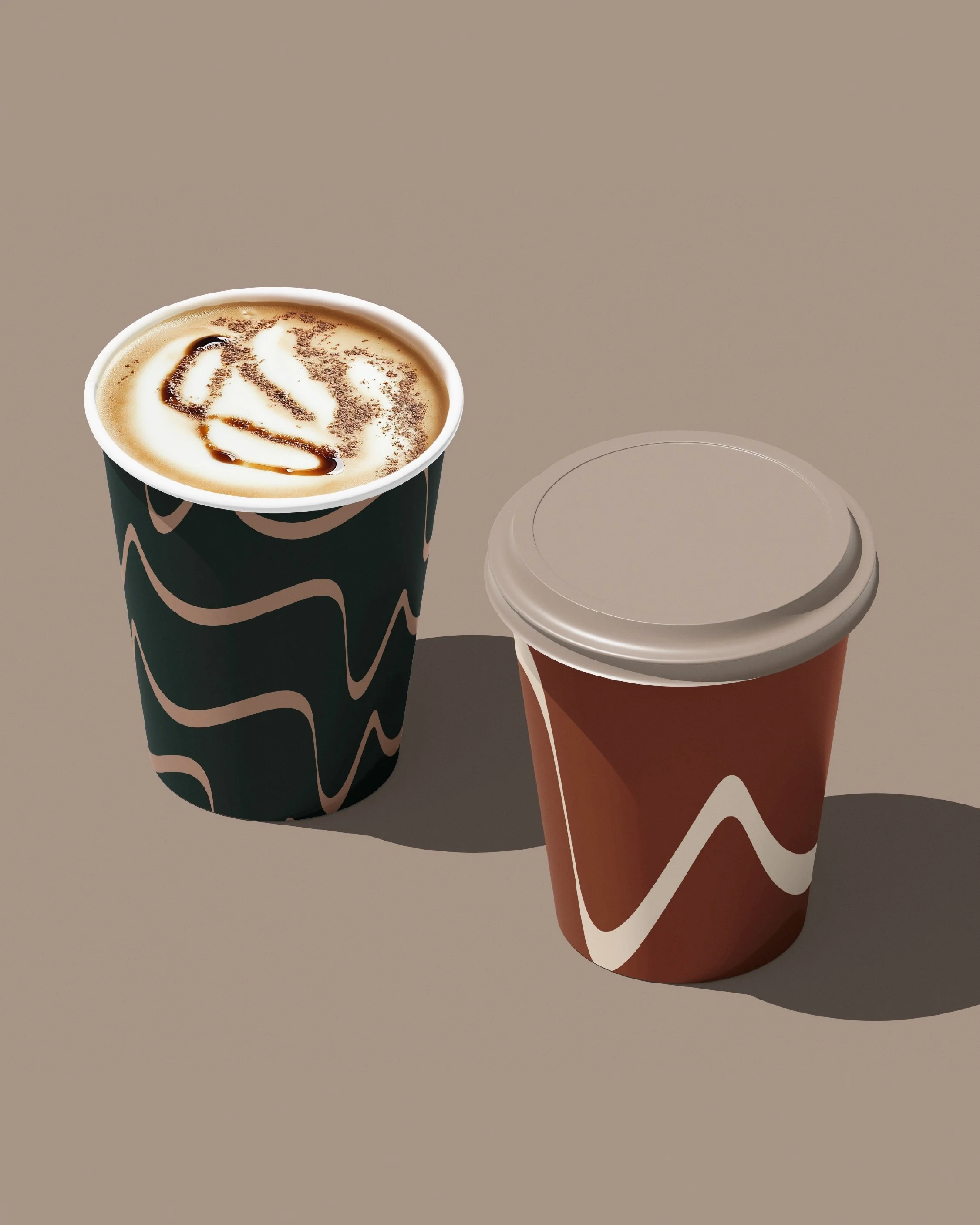 mockup dos copos personalizados com o padrão e símbolo da marca Manoela Kalif.