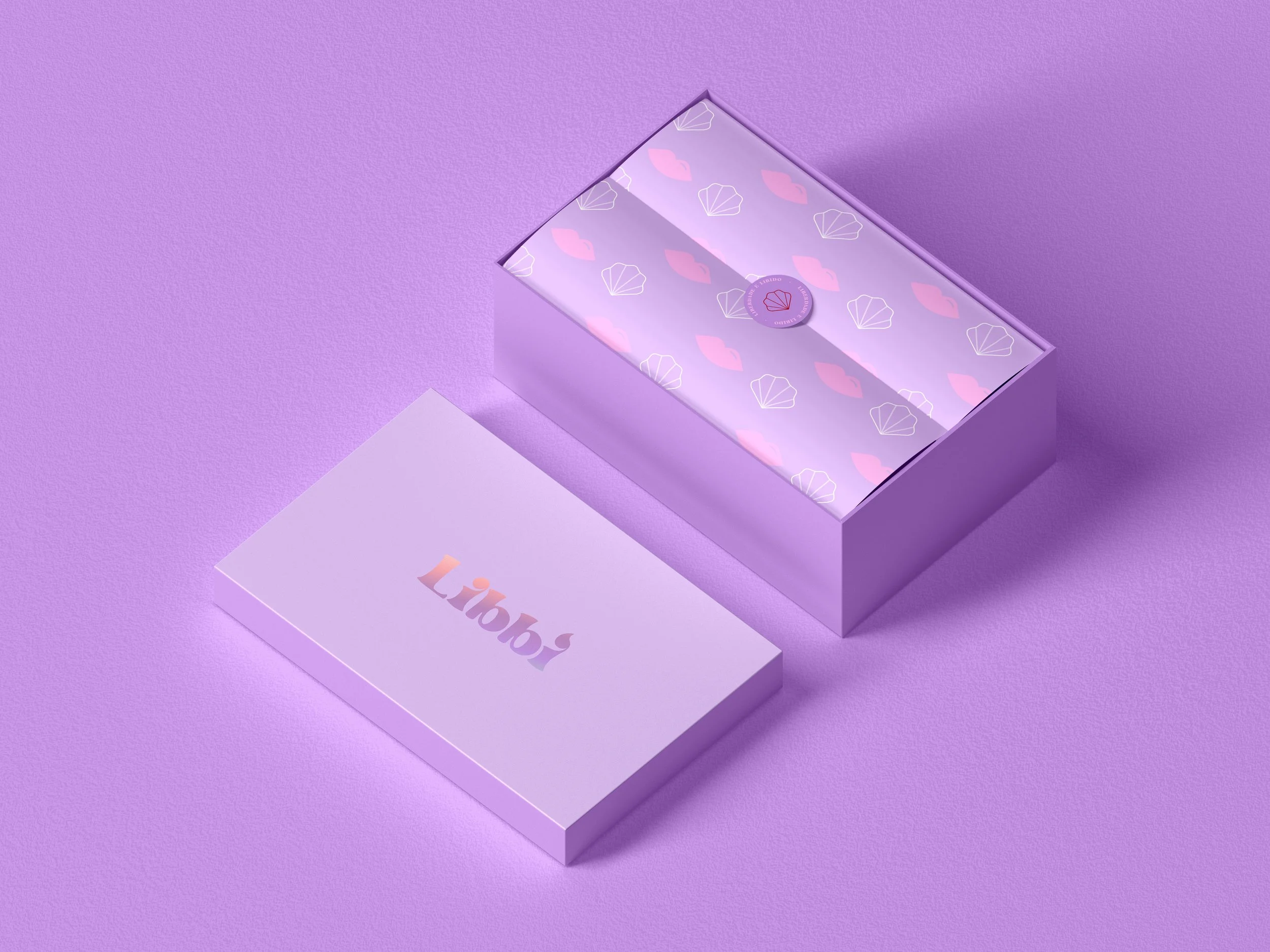 mockup da caixa Libbi, com papel de seda e adesivo em tons lilás e furtacor 