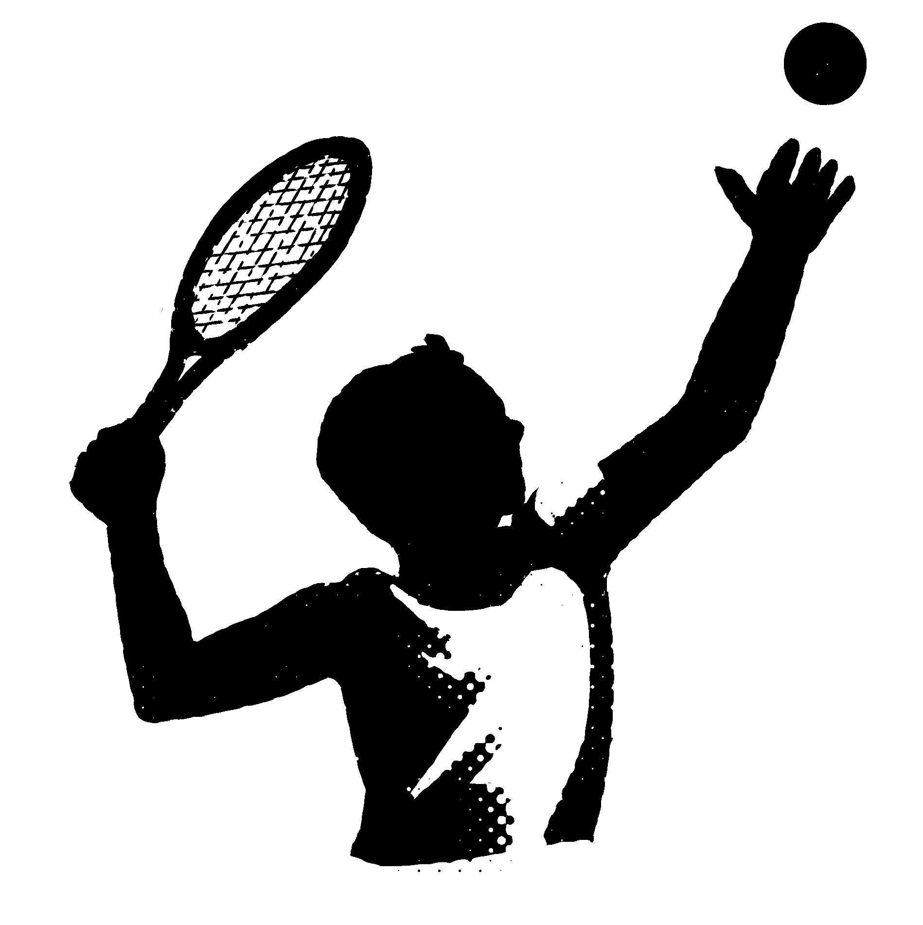 Silhouette of a person playing tennis, hitting a ball with a racket, with a lightning bolt on shirt.