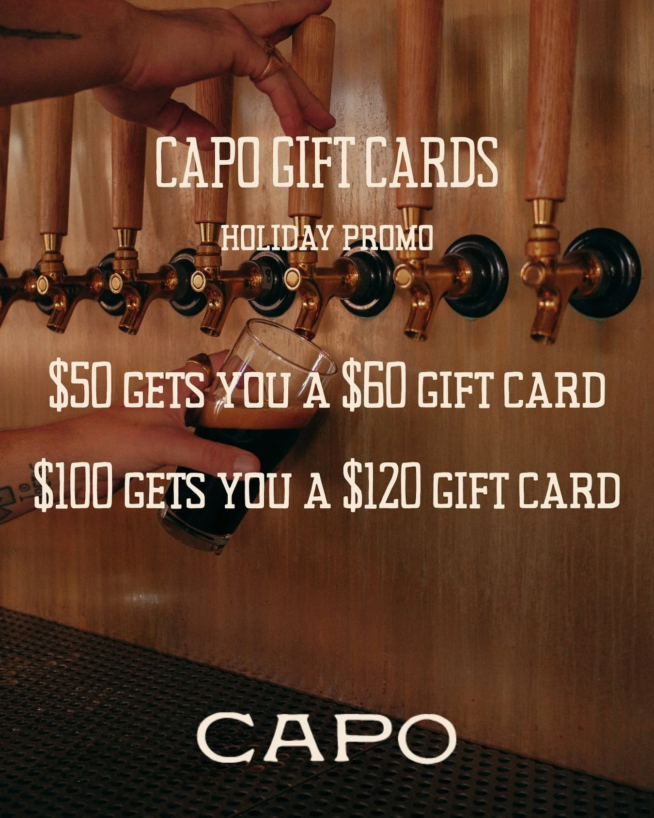 The gift they actually want: more nights at CAPO. 🍻
Discounted gift cards now through the end of the year - grab &rsquo;em in-store.