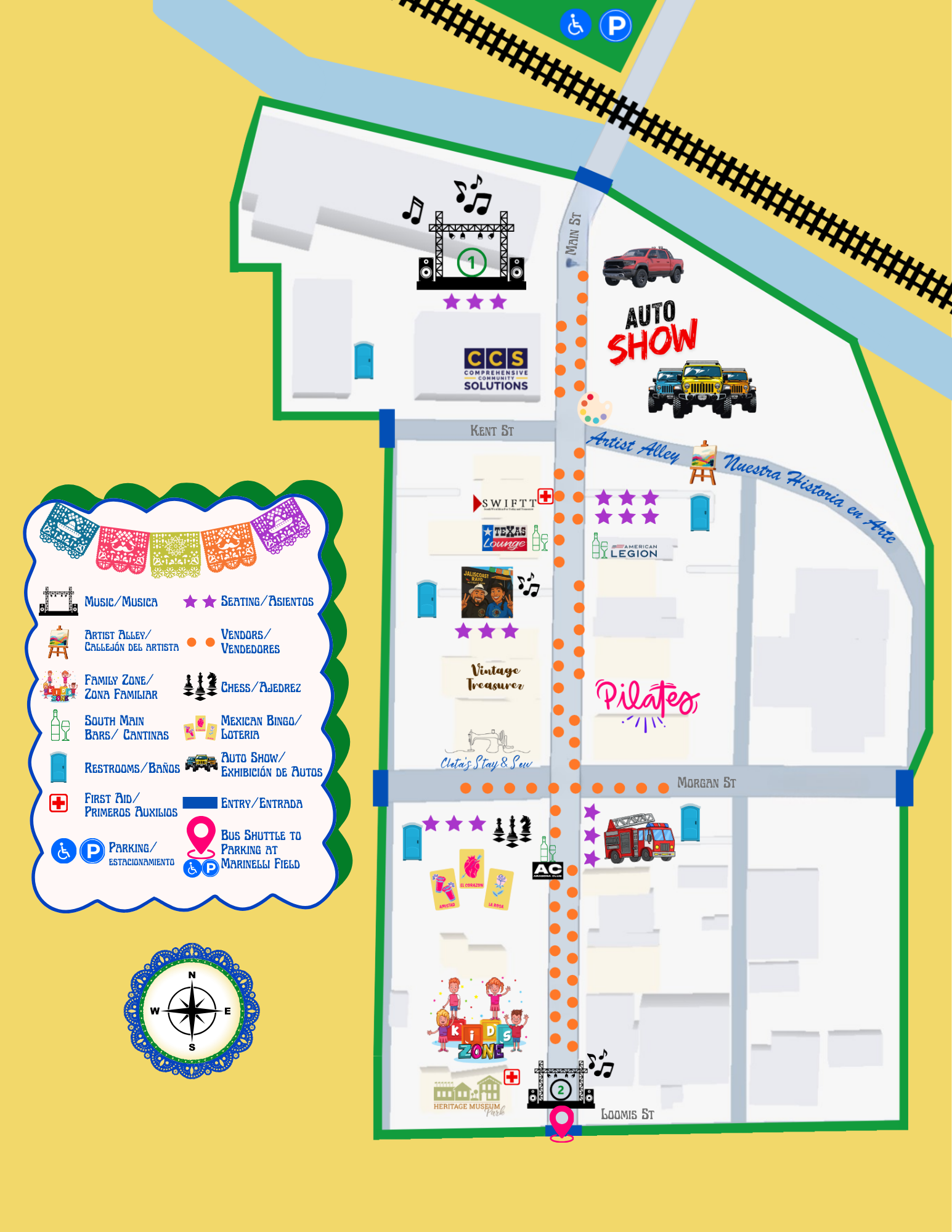A colorful event map showing various areas and activities, including a music stage, artist alley, family zone, kids zone, auto show, and heritage museum with festival sections, parking areas, and amenities.