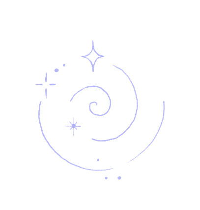 Illustration of spiral galaxy with stars and cosmic sparkles on a black background.