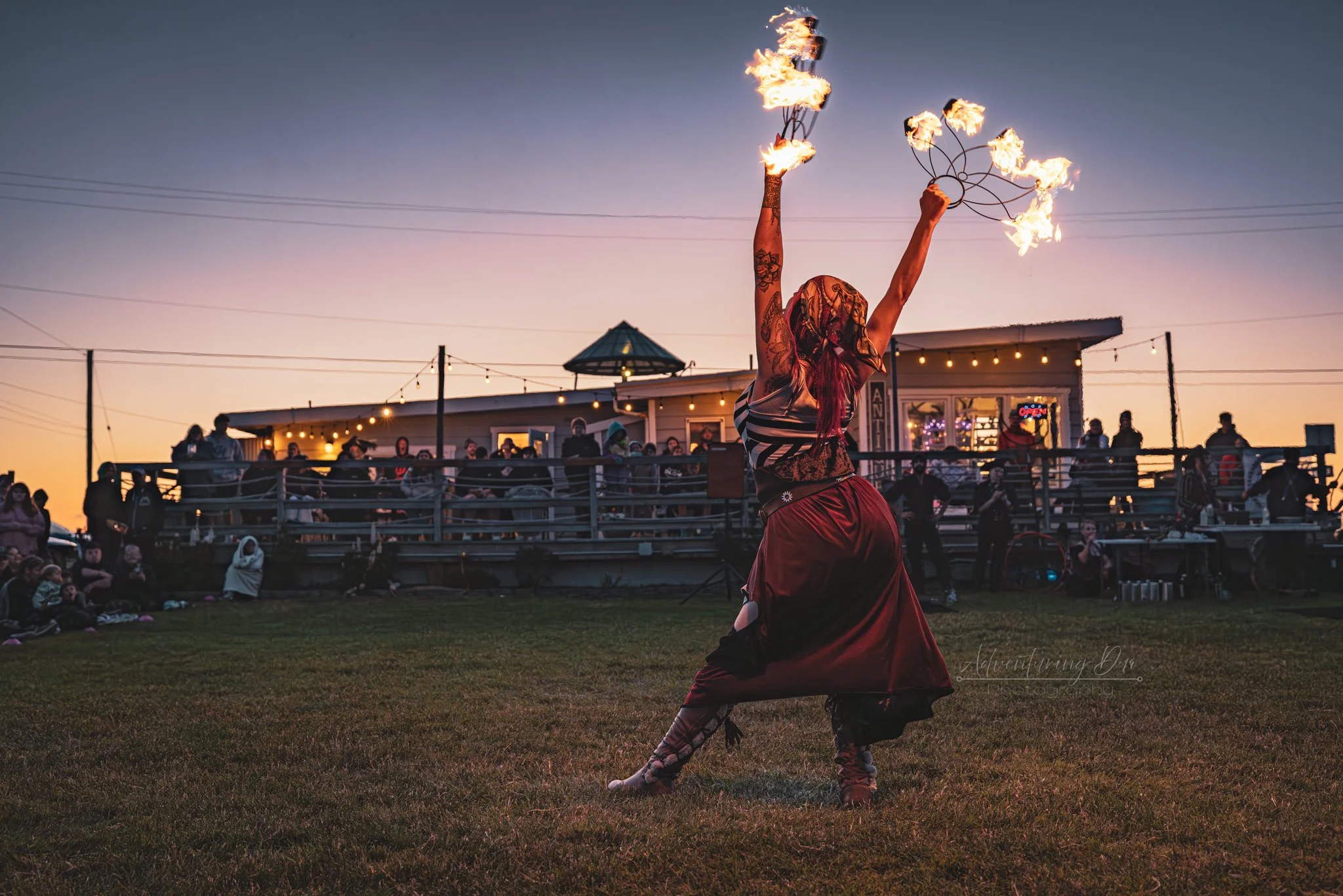 a fire dancer mid performance. Westport, WA