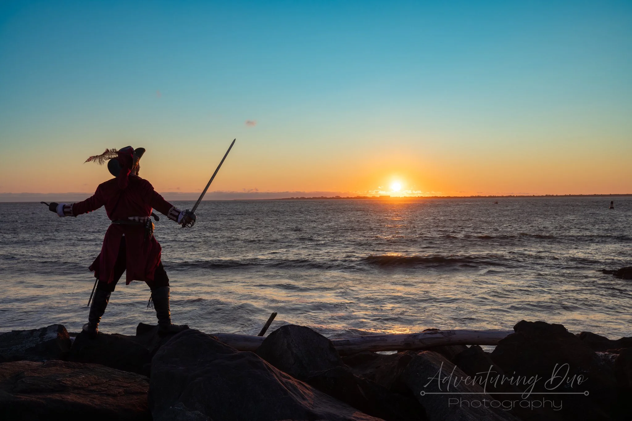 Pirate character on the Jetty as the sun sets calling out to the sea. Westport, WA