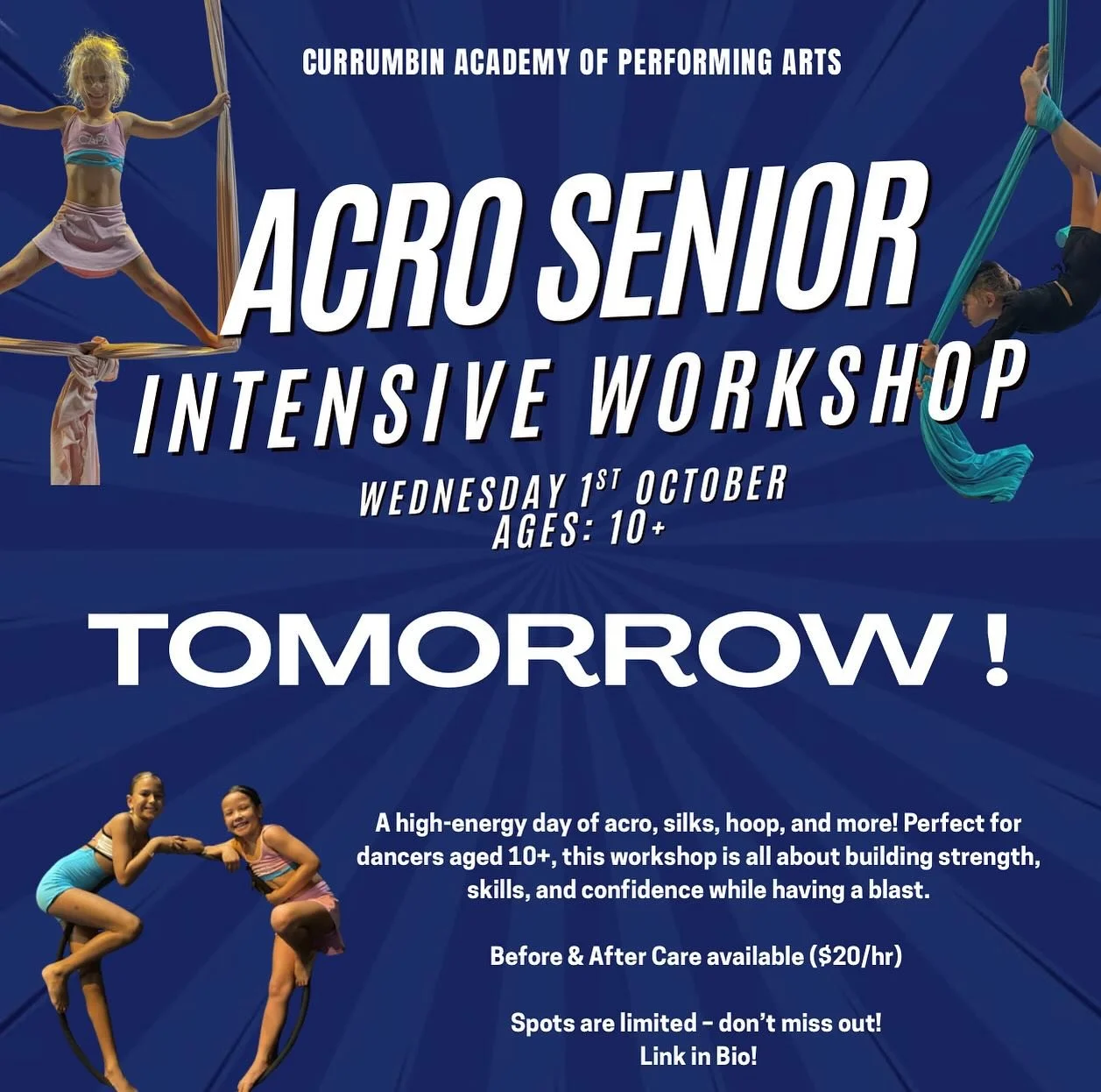 🤸&zwj;♀️✨ SENIOR ACRO INTENSIVE WORKSHOP &ndash; TOMORROW! ✨🤸&zwj;♂️

Ready to take your skills to the next level? Don&rsquo;t miss out &mdash; there are STILL spots available!

📅 When: 1 October
⏰ Time: 10 AM &ndash; 2 PM
📍 Where: CAPA Studios

