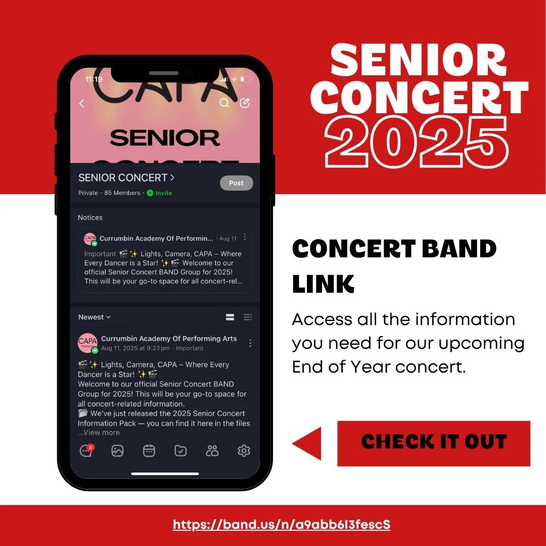🎶✨ Stay in the loop! ✨🎶
Want all the latest Senior Concert news, costume updates, rehearsal reminders &amp; behind-the-scenes info? 👀💫

Join our official CAPA Band group today! 🎭📲 It&rsquo;s the easiest way to stay connected, get instant update