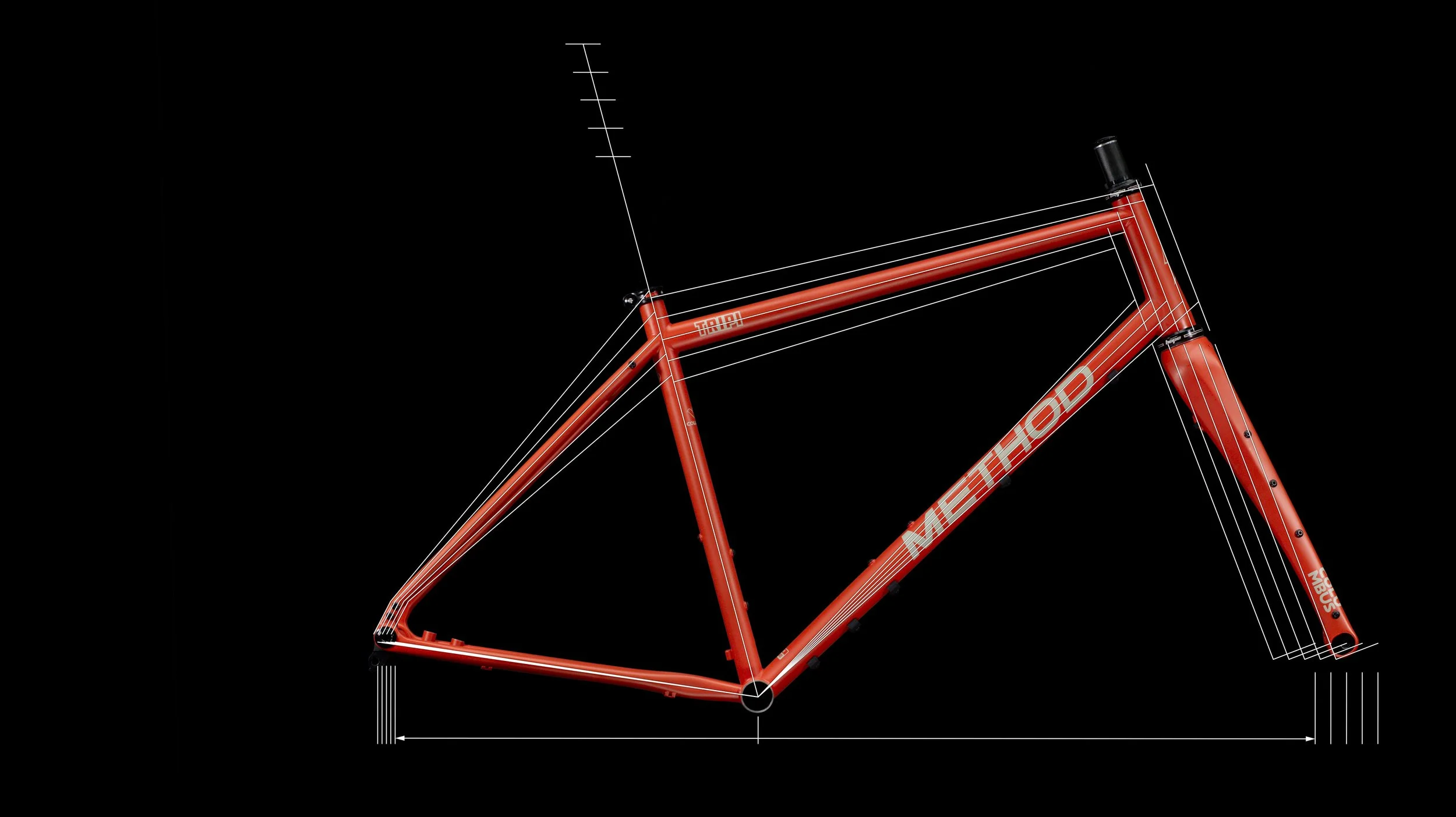 A diagram showing the proportional geometry and precise measurements of the Method Frameworks Tripi steel gravel bike frame, made in the UK.