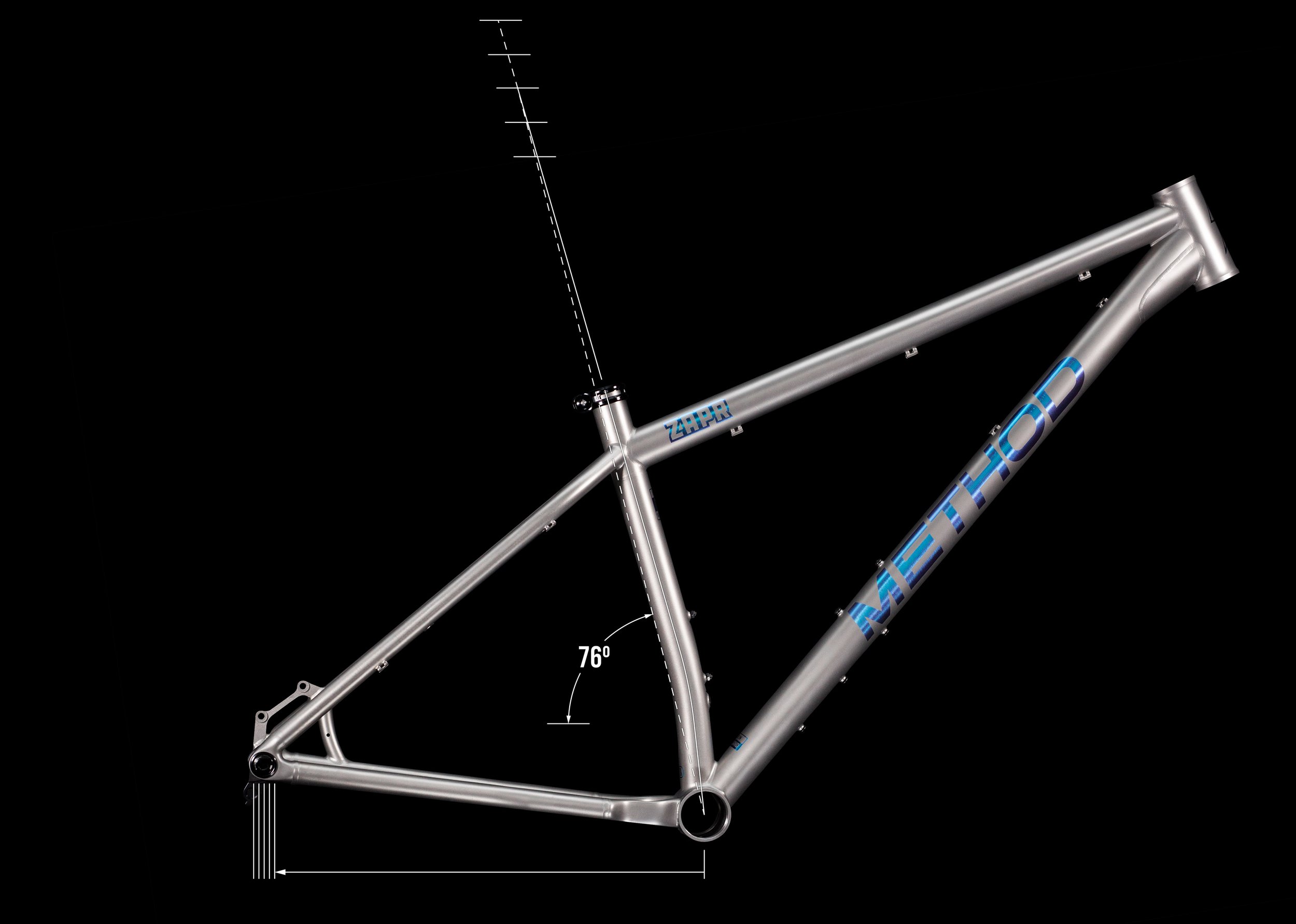 A full side view of the Zapr mountain bike frame, emphasizing the custom tubeset and proportional geometry.