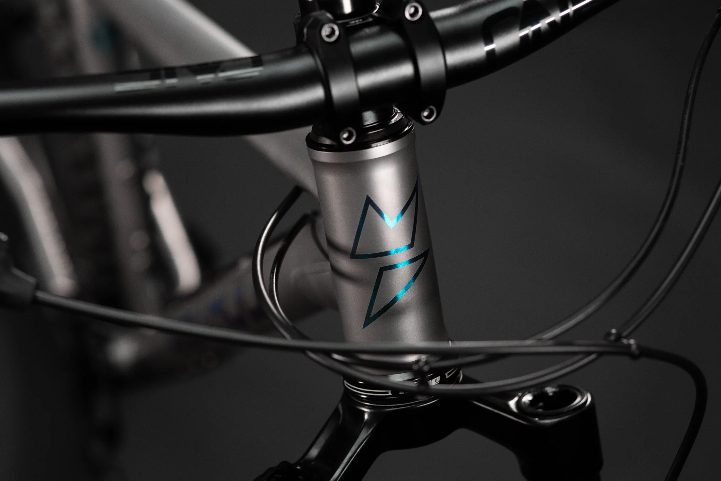 A close up of the anodsided headtube graphic on a titanium Zapr mountain bike.