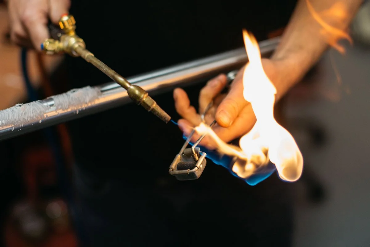 A close up of brazing torch flame, one of the proecesses in the fabrication of the steel bicycle frames made in house.