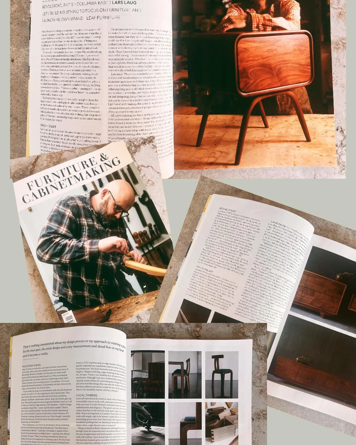 Open magazines and a notebook with images and text about furniture and cabinet making, alongside a photo of a vintage wooden chair and a close-up of a wooden drawer.