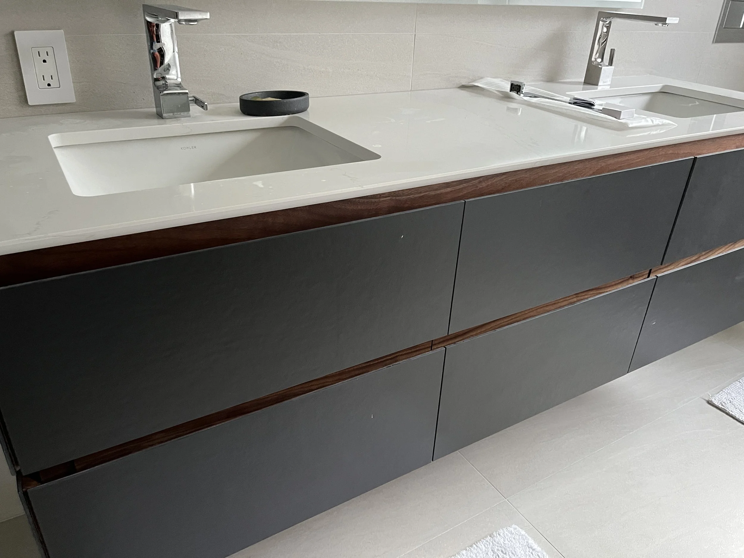 Stone and walnut vanity 