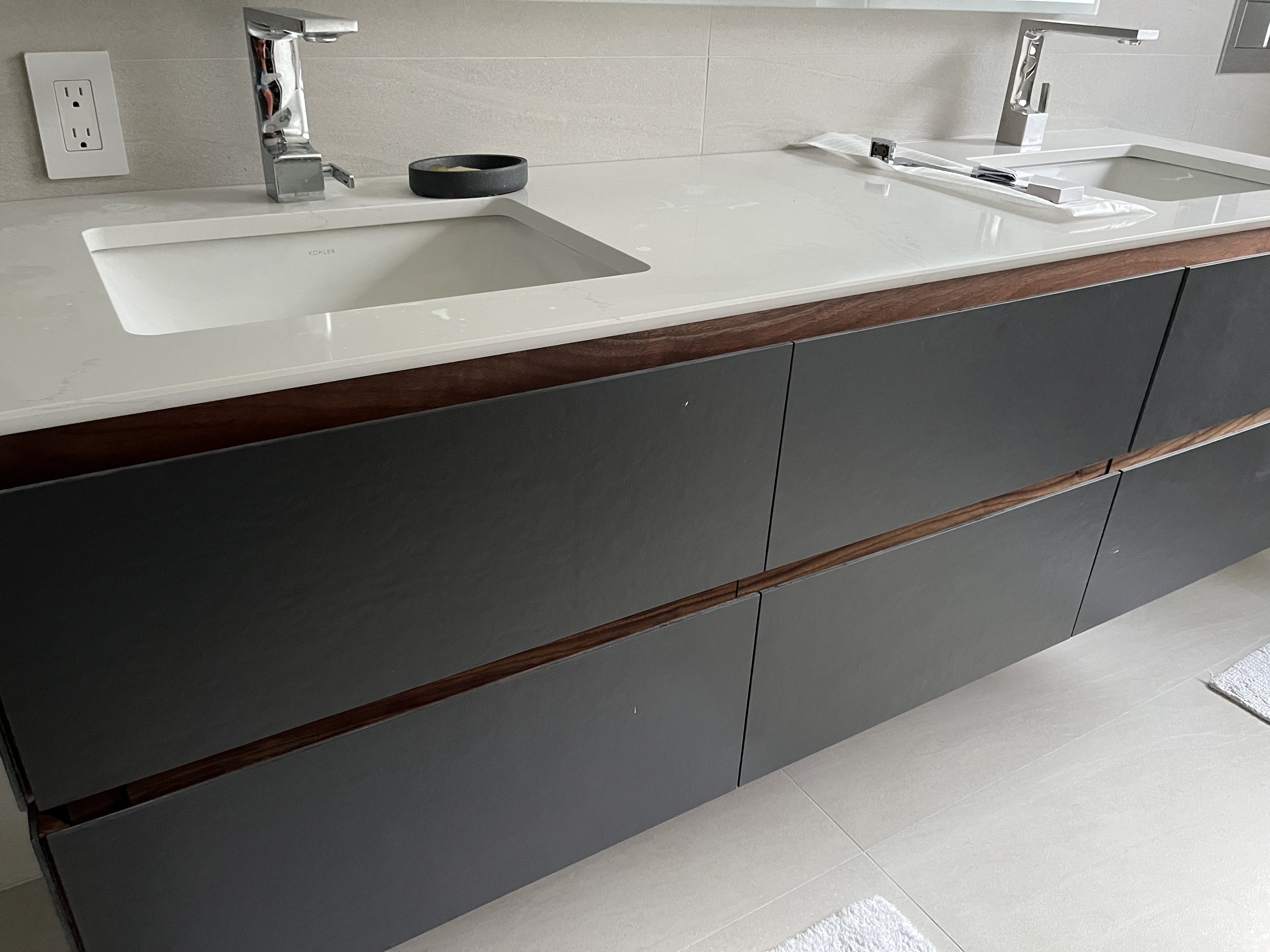 Stone and walnut vanity 