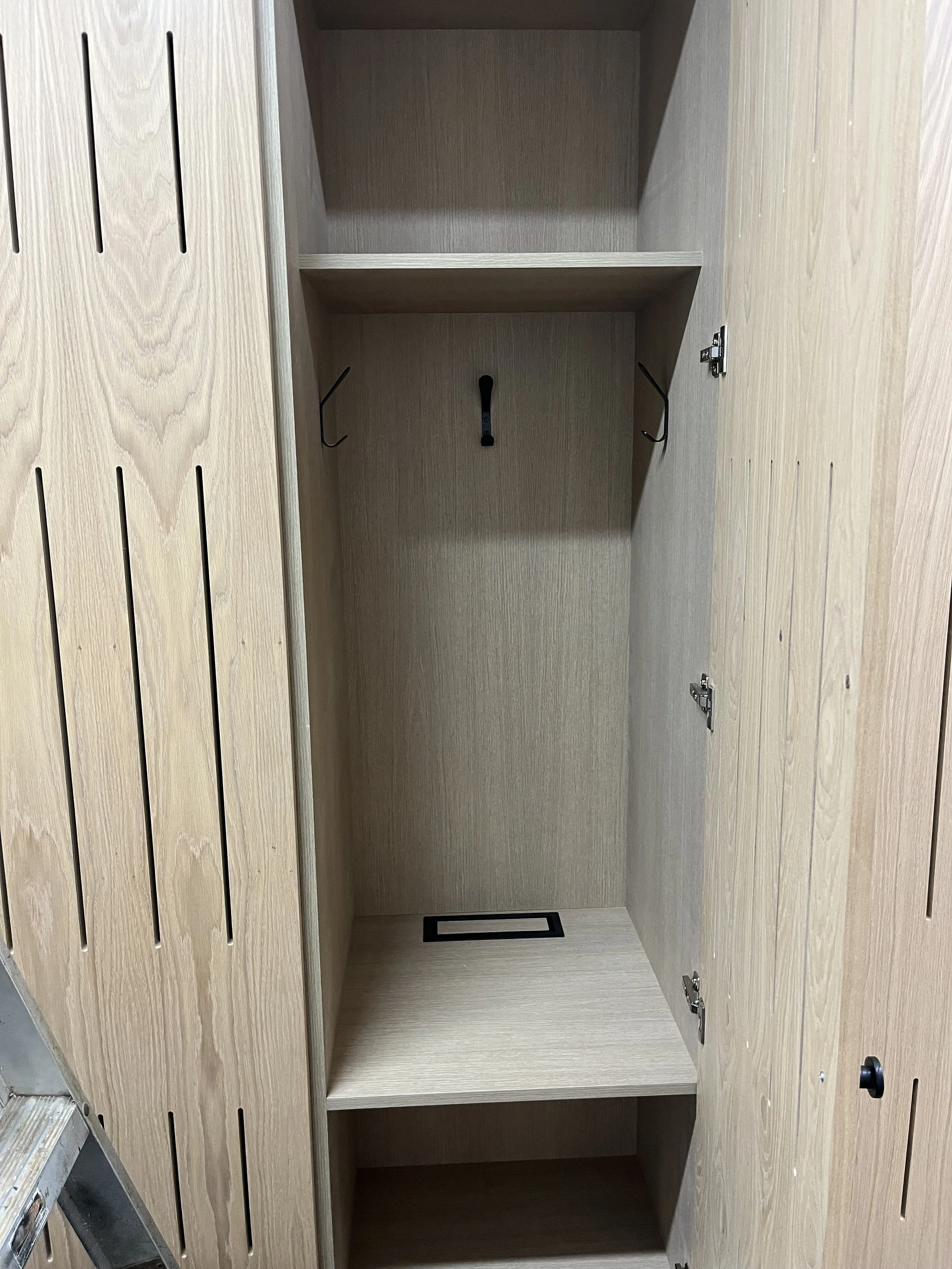 Empty wooden locker with hooks and shelves inside.