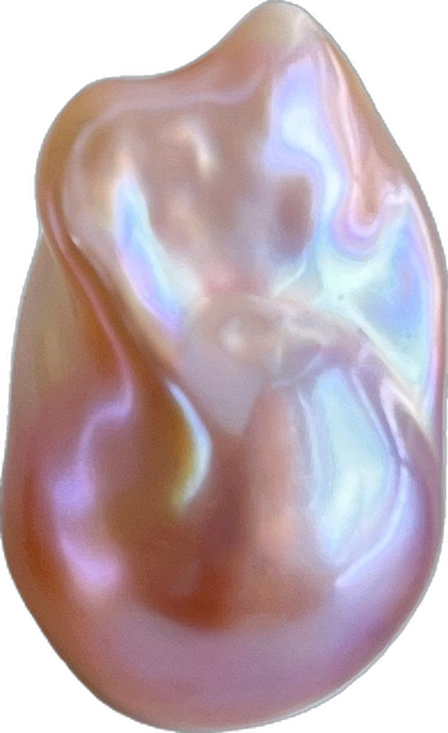 Close-up of a baroque pearl with iridescent surface and soft peach, pink, and lavender hues against a black background.