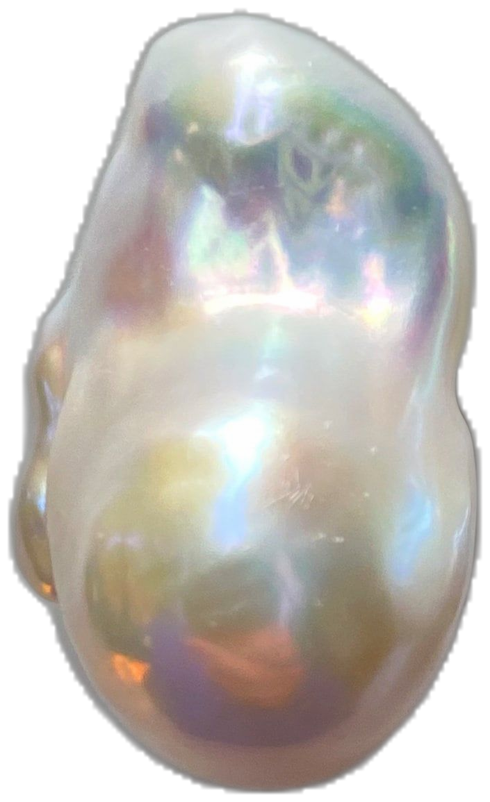 Close-up of a baroque-style pearl with an irregular shape and iridescent surface.