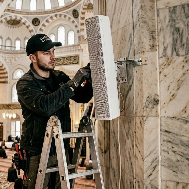 A technician on a ladder installing or repairing a speaker inside a building with ornate architecture and stained glass windows.