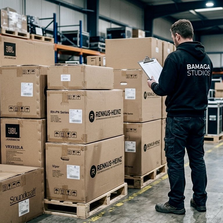 A warehouse worker in a black hoodie with the logo 'BAMAGA STUDIOS' reads a clipboard while standing near stacked cardboard boxes on pallets.