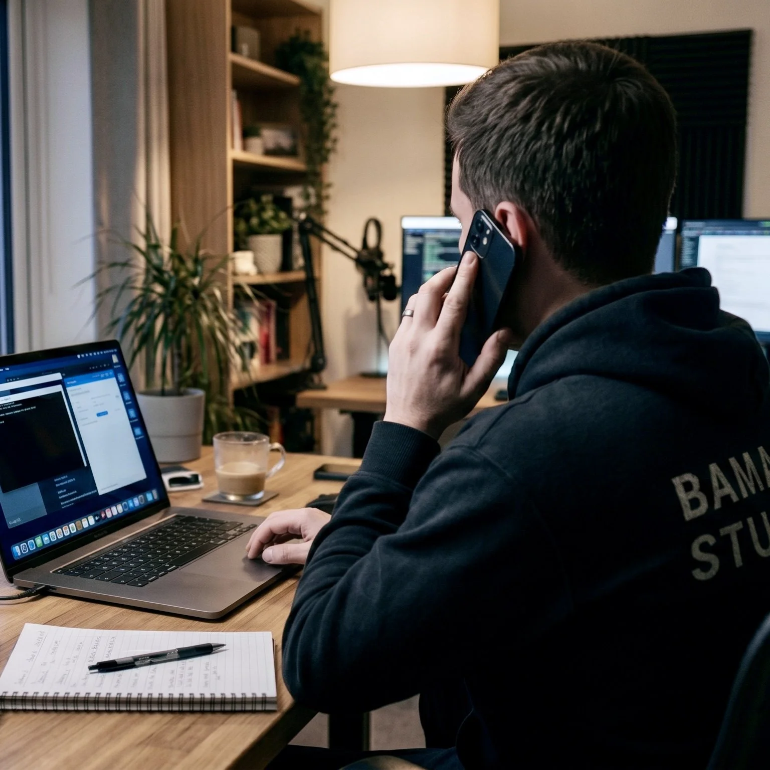 Man working on laptop and talking on phone in a home office with bookshelves, plants, and monitors.