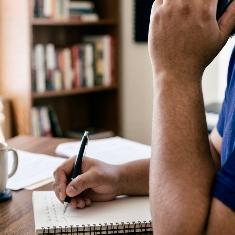 Person writing in a notebook with bookshelves in the background.