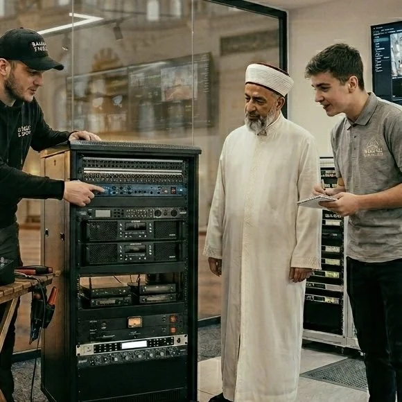Three men in a technology repair shop, two of whom are younger and one older wearing traditional Middle Eastern clothing, are looking at a rack of electronic equipment, with one younger man pointing at it, suggesting a discussion or inspection.
