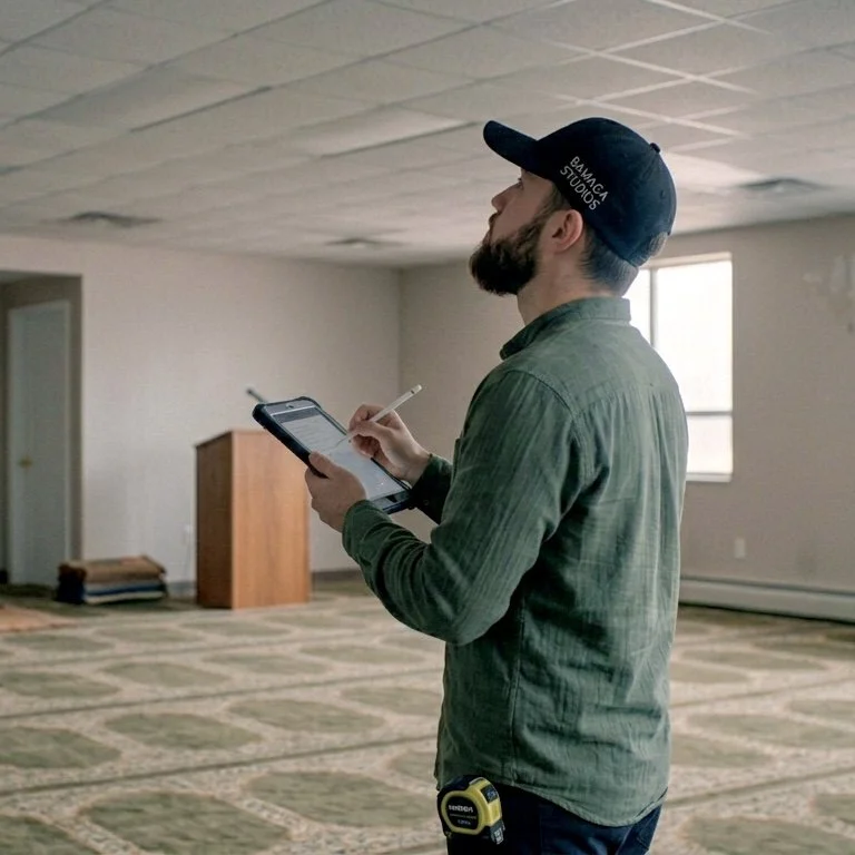 Man in a green shirt and a cap with logo, using a tablet with a stylus, in an empty room with carpeted floor and window.