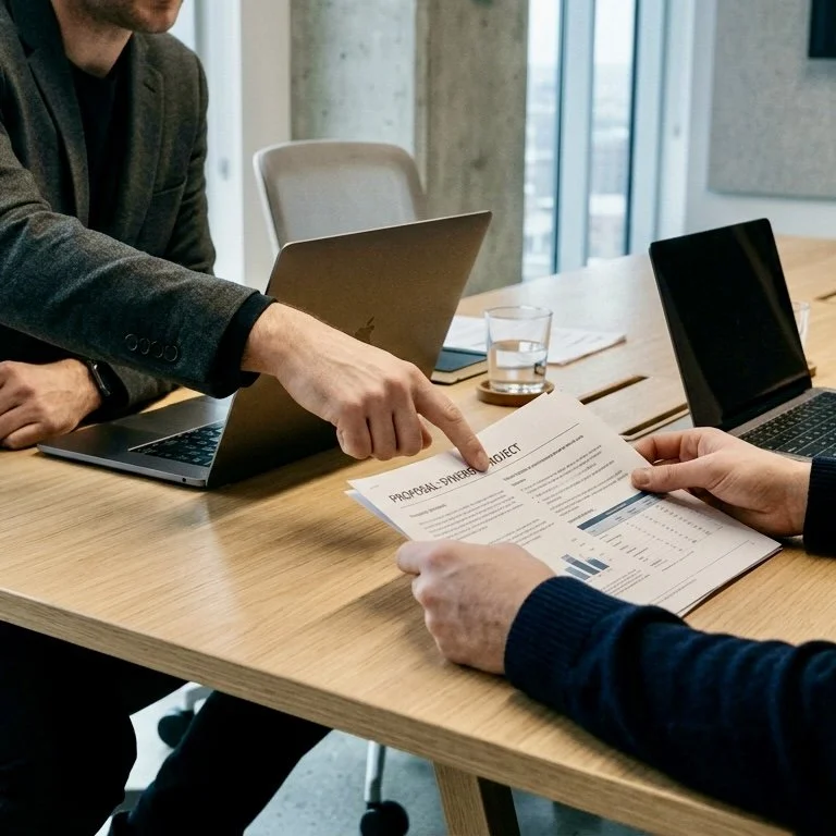 Two people discussing a project proposal document in a meeting room, with laptops and a glass of water on the table.