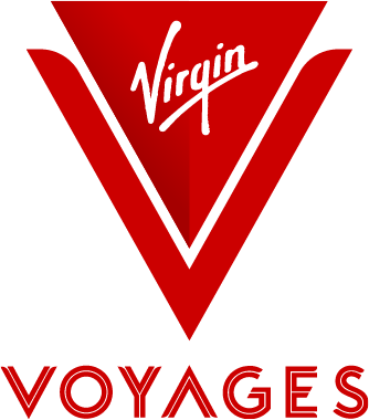 Virgin Voyages logo featuring a stylized red and black V with the word 'Virgin' above and 'Voyages' below in red text.
