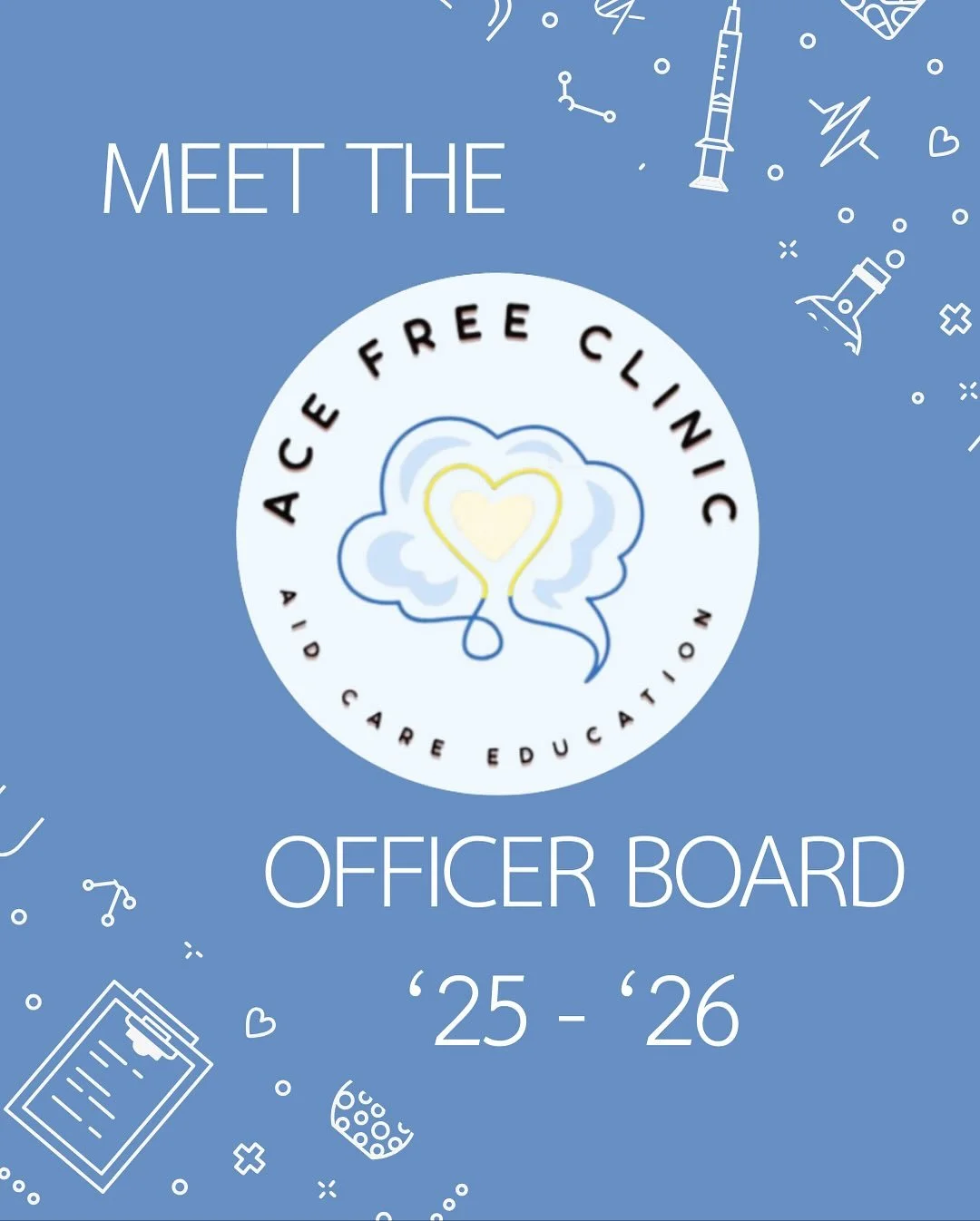 Meet the ACE Free Clinic Team for 2025-2026! We are so excited to meet everyone! Come see us at EAF tomorrow 💙💛🩺