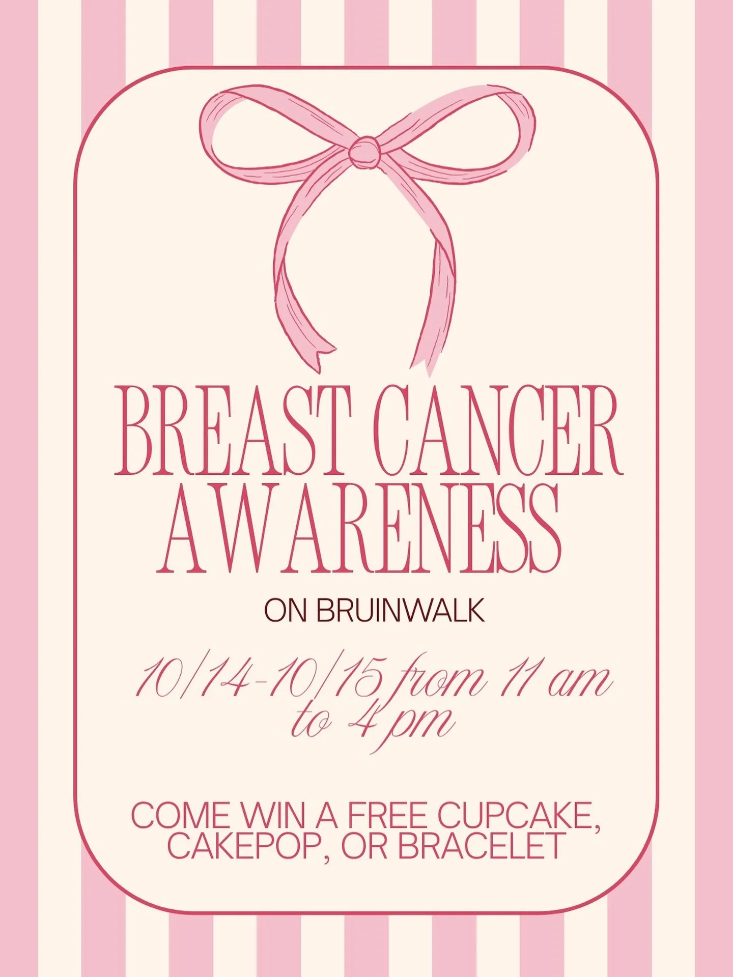 🎀 Join us on Bruin Walk for Breast Cancer Awareness!🎀
Stop by our table 10/14&ndash;10/15 from 11 AM &ndash; 4 PM on bruin walk to learn more about breast cancer, show your support, and enjoy some sweet treats 

🍰 Win a free cupcake, cake pop, or 