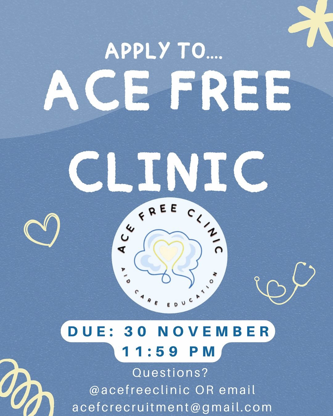 ITS TIMEEEE&hellip; time to apply to ACE Free Clinic as a general member! 🤩 winter recruitment has officially begun and we can&rsquo;t wait to hear from you all! 🤗 Have any questions? Reach out via DM, stop by Social Outreach&rsquo;s Bruinwalk boot