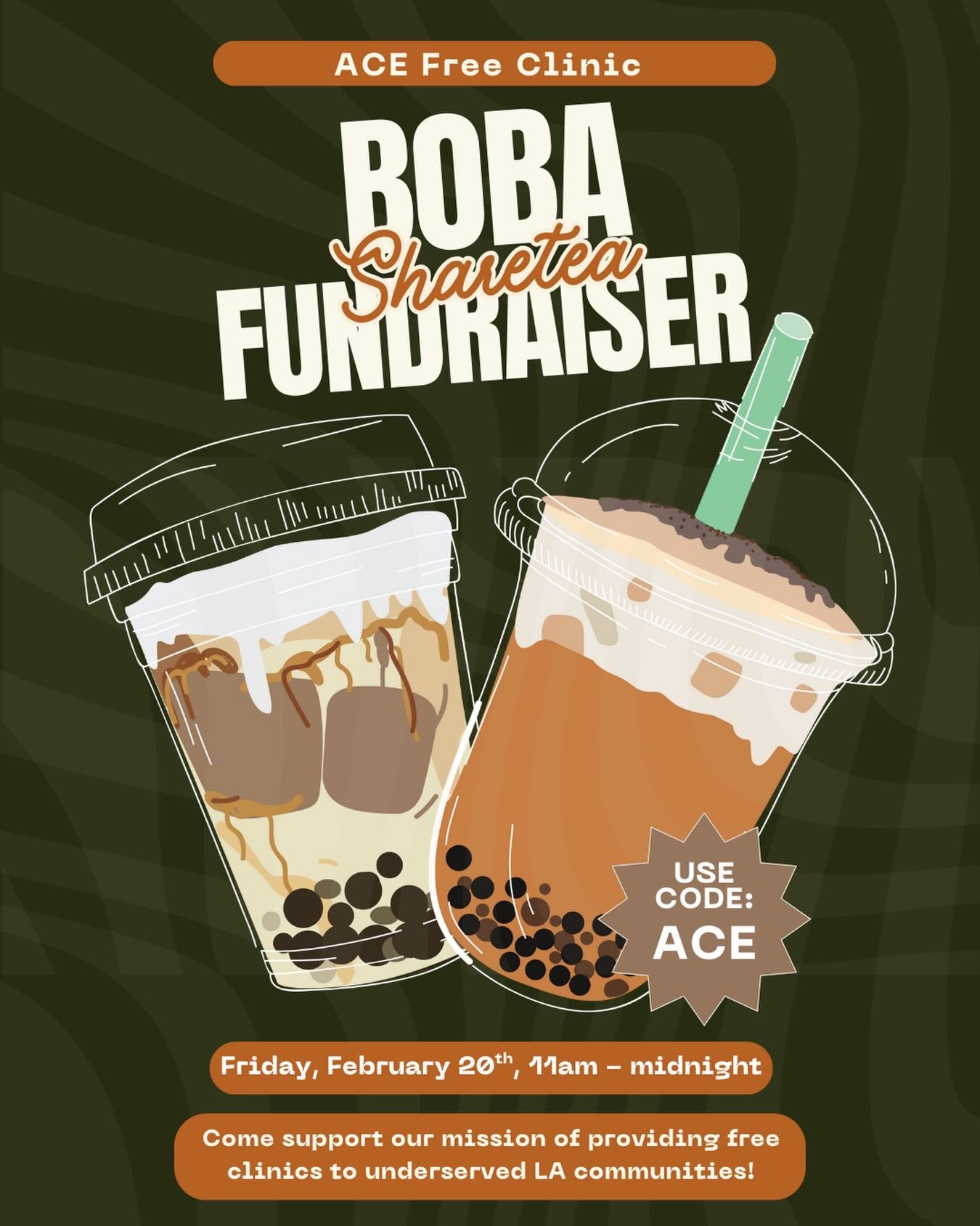 🚨ACE FUNDRAISER!!🚨 Stop by Sharetea on Friday, 2/20 from 11 am - midnight to support ACE and also enjoy a yummy drink 😋 Make sure to enter the code &ldquo;ACE&rdquo; in the PROMO CODE field at checkout and bring your friends 💙💛