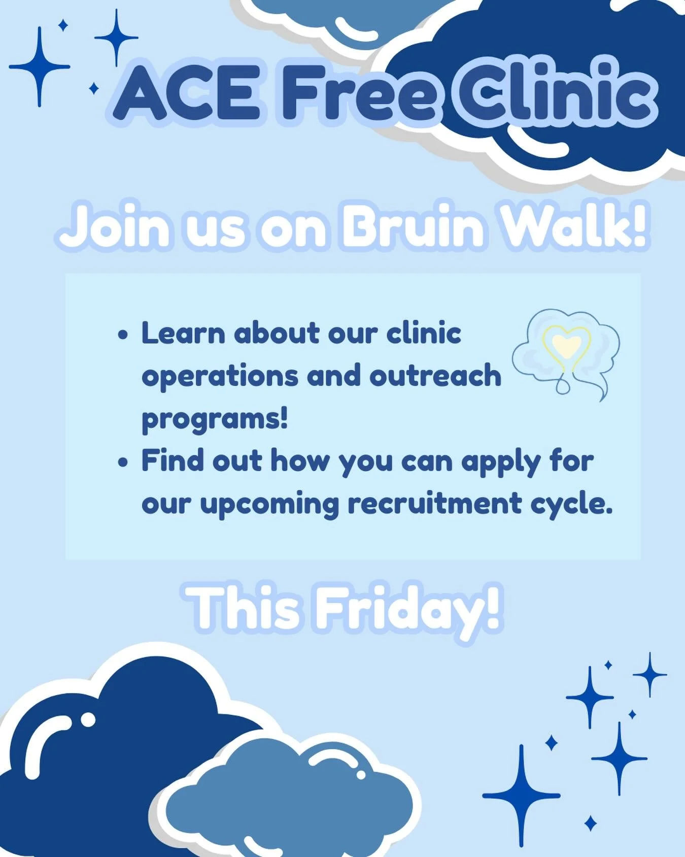 It&rsquo;s almost application season&hellip; 👀👀 Want to learn more about the application process and what ACE does? Come to Bruinwalk this Friday from 9 AM - 2 PM: talk to ACE members/officers, grab free goodies, and have fun! Friday is also our AC