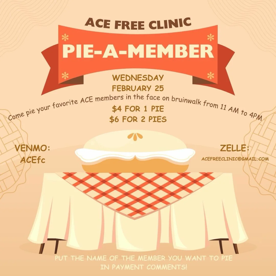 Want to pie an ACE member? Now&rsquo;s your chance 🤩 Our fundraising committee has their Bruinwalk event next Wednesday! You can pay in person or online to pie any member of your choosing 😳 We will also send a video of the person getting pied, you 