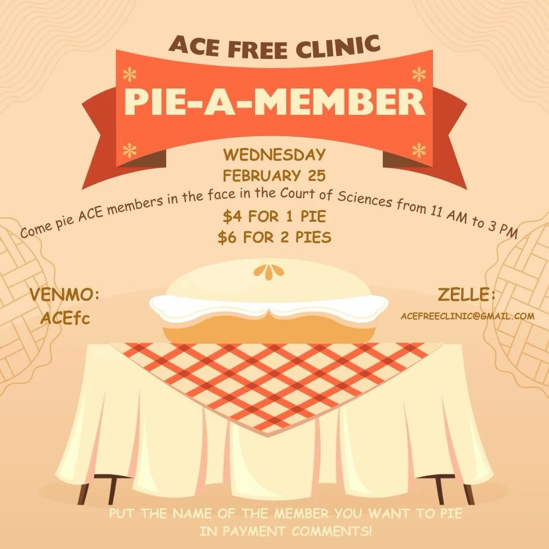Want to pie an ACE member? Now&rsquo;s your chance 🤗 Our fundraising committee has their awesome event Wednesday (tomorrow!) in the Court of Sciences! 🧪 You can pay in person or online to pie any member of your choosing 😳 We will also send a video