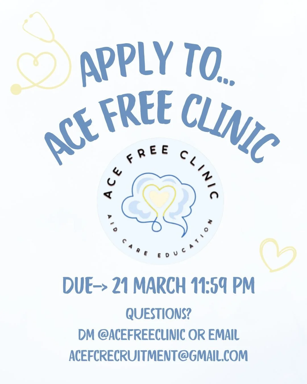 Spring recruitment is finally here 🤩 Swipe to find
out more on how to apply to become an ACE Free Clinic general member 💙 Apply and get the chance to attend clinics around the LA area, volunteer at events, and take part of a specialized committee ?