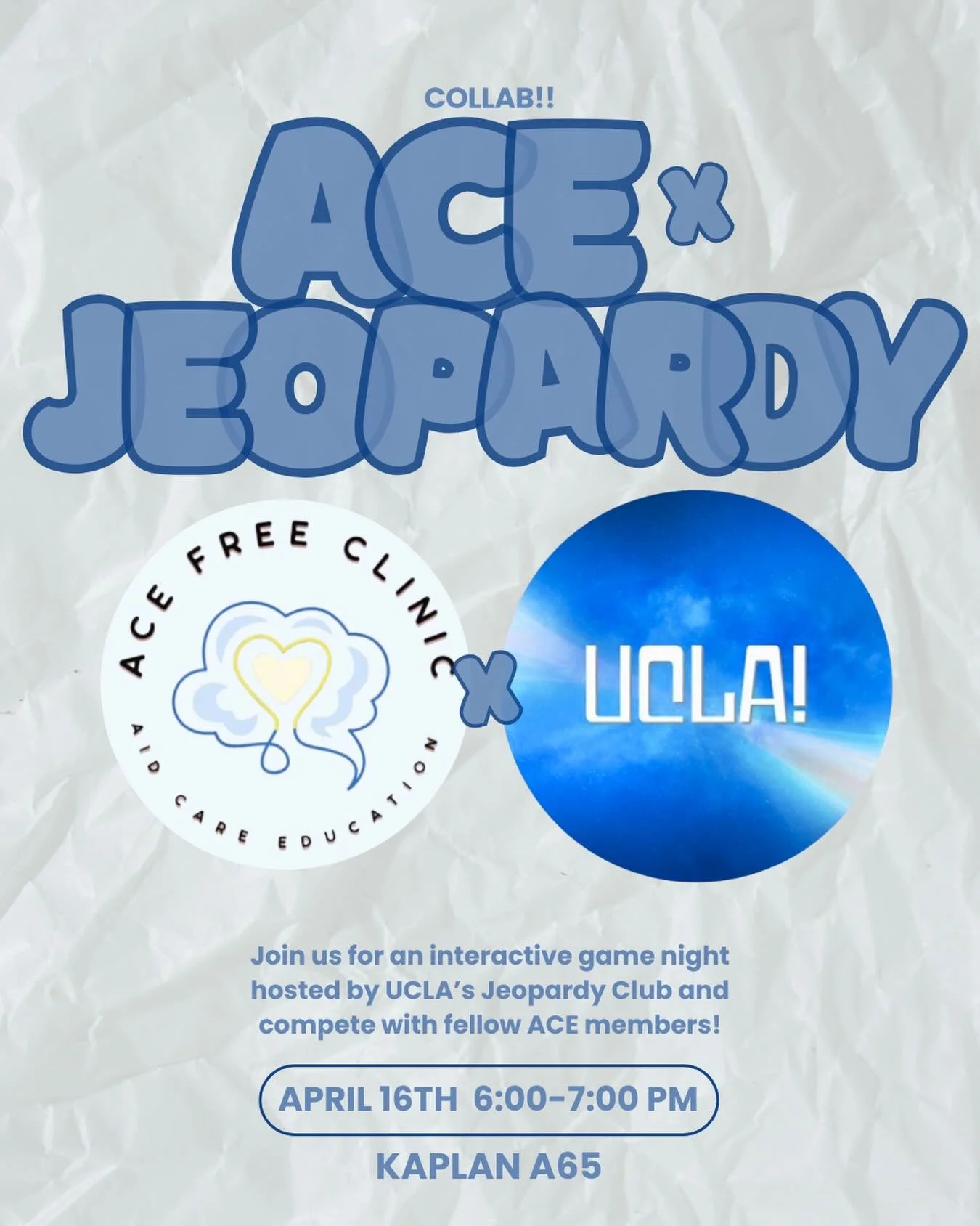 The Best of Both Worlds &mdash; ACE Free Clinic and Jeopardy Club at UCLA are Collaborating!! ACE members, we hope to see your jeopardy skills shine during our second general meeting of this quarter 🫵🏻✨ See you all there 💙