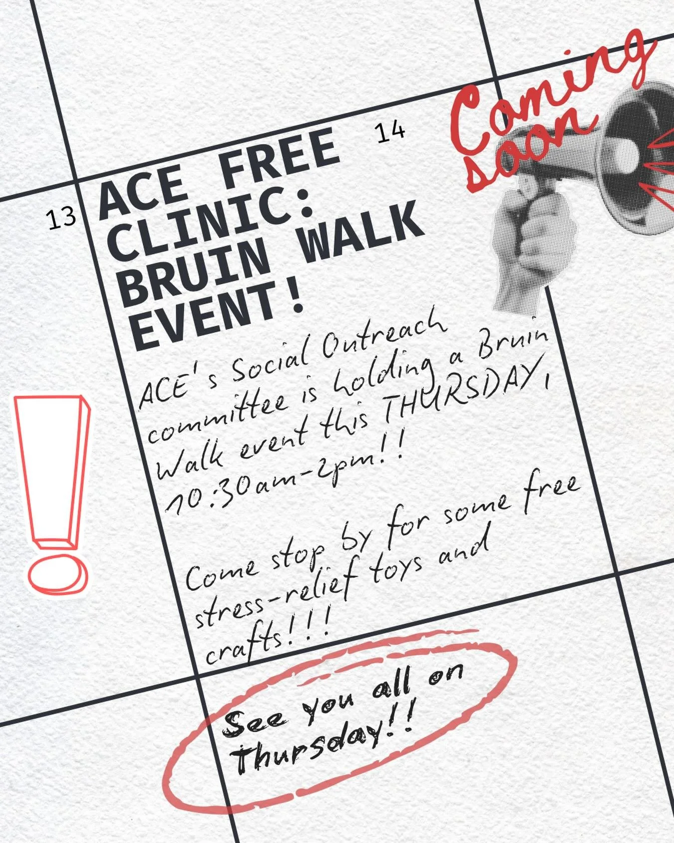 🚨Bruinwalk Event!!🚨 Our Social Outreach Committee is going to be on Bruinwalk this Thursday from 10:30 AM - 2:00 PM! Come get free goodies and learn more about ACE 💙🩺