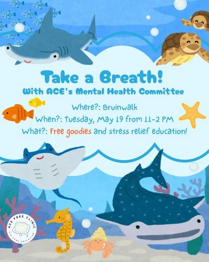Another Bruinwalk Event is hereeee!!! Our wonderful Mental Health committee will be on Bruinwalk this Tuesday from 11-2 PM! Stop by and earn free goodies while learning about stress relief! See you all there 🌊🐬💙
