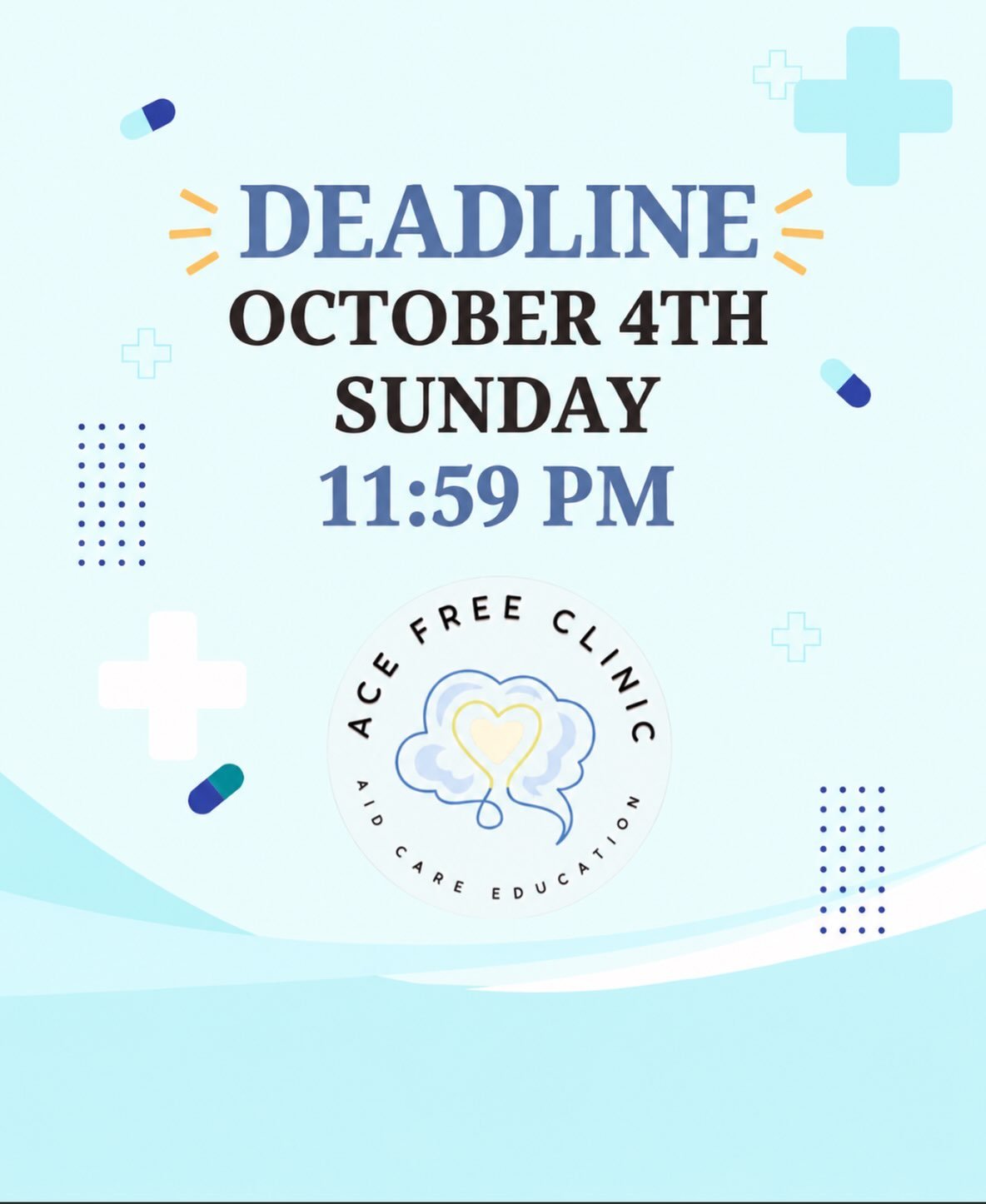Apply with the link in bio! The deadline is Sunday October 4th 11:59 PM. Join ACE free clinic and make a real impact!