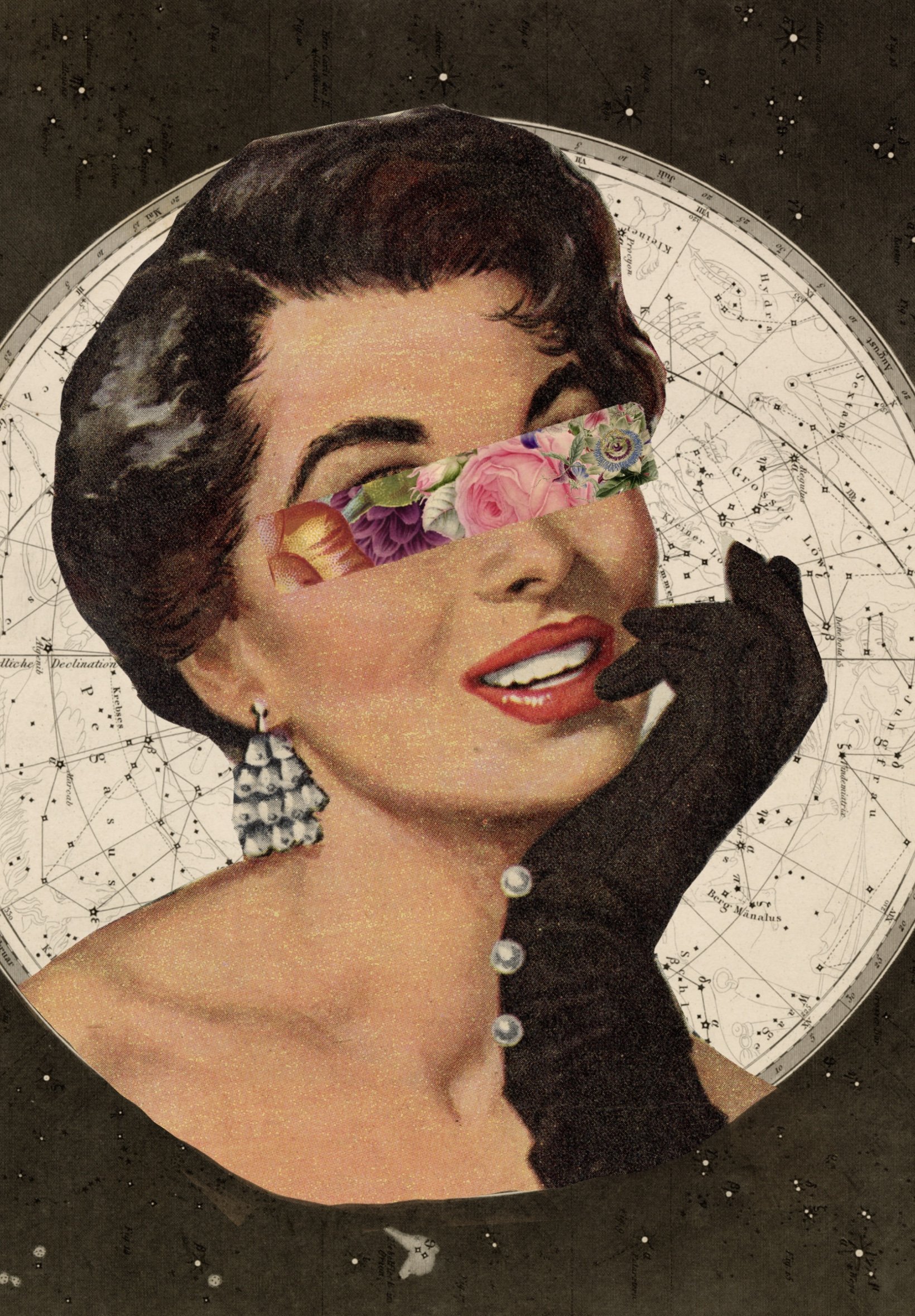 Collage of a woman with flowers shielding her eyes.